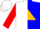 White and blue halves, gold triangle, blue hoops on red sleeves