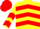 Yellow, red chevrons, red chevrons on sleeves, red cap