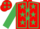 Red, emerald green stars, emerald green seams on sleeves, red cap, emerald green stars