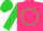 Hot pink, chartreuse circle and 'r', chartreuse sleeves and cap