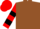 Brown, black arrow and red apple, black bars on sleeves, red cap