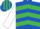Royal blue, emerald green chevrons, white sleeves, emerald green and royal blue striped cap