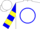 White, blue circle yellow 'b' blue & yellow bars on sleeves