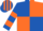 Royal blue and dayglo orange quartered diagonally, hooped sleeves, striped cap