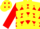 Neon yellow,  red chevrons, yellow diamonds on red sleeves