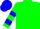 Green, blue 'b', blue bars on sleeves, blue cap