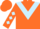 Orange, light blue chevron, light blue diamonds on sleeves