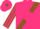 Hot pink, hot pink 's&v' on brown polka dot sash, hot pink diamond stripe on sleeves