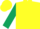 Yellow, hunter green 's&l racing' front & back,  hunter green sleeves, yellow cuffs,