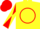 Yellow, red circle, black bat, red and yellow diagonal quartered sleeves, red cap