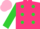 Hot pink, chartreuse dots, chartreuse blocks on sleeves, pink cap