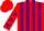 Red body, purple striped, red arms, purple spots, red cap