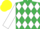 Emerald green and white diamonds, white sleeves, yellow cap