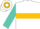 White, rainbow 're', gold hoop on turquoise sleeves