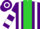 Purple, broad lime green stripe, white braces, purple and white hooped sleeves and cap