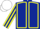 Dark blue body, yellow seams, yellow arms, dark blue striped, white cap