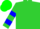 Lime green, blue bars on sleeves, green cap