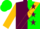 Maroon and green diagonal halves, gold sash, maroon stars on gold sleeves, green cap