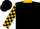 Black, gold square frame, gold collar, gold & black check sleeves