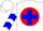 White, red ball, blue cross, red and blue chevrons on sleeves