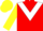 Red body, white chevron, yellow arms, yellow cap