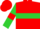 Red body, lime green hoop, lime green arms, red armlets, red cap