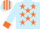 light blue, orange stars, orange cuffs, orange stripe on cap