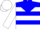 White, blue 'jw', blue yoke, blue hoops, white cap
