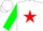 White, red and green 'g's, red star stripe on green sleeves, white cap
