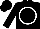 Black, white circle, black sleeves, black cap, white circle