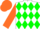White, green band of diamonds, orange sleeves and cap