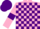 pink and purple check, pink sleeves, purple armlets, checked cap