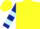 Yellow, light and dark blue emblem, two light blue hoops on sleeves, yellow cap