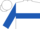 White, royal blue circled 'h', royal blue hoop on sleeves, white cap