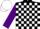 Black and white check,purple sleeves, black and white checked cap, purple peak