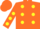 Orange, yellow polka dots, yellow 'v/b'