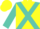 Bright yellow, turquoise crossed sashes and sleeves, bright yellow cap