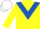 Yellow, royal blue chevron, yellow sleeves, white cap