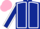 Dark blue body, white seams, dark blue arms, white seams, pink cap
