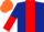 Dark blue, red stripe, halved sleeves, orange cap