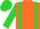 Orange body, lime green braces, lime green arms, lime green cap