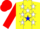 Yellow and red, white stars on blue diagonal panel, yellow and red sleeves, red cap