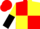 Red, yellow quartered, yellow, black halved sleeves, red cap
