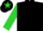 Black body, lime green arms, black cap, lime green star