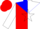 Red and white vertical halves, white emblem on blue yoke, white star on blue, red and white slvs, red cap