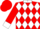 Red, white diamonds, red 'm's' white collar, white cuffs