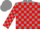 Grey body, red checked, grey arms, red checked, grey cap, red checked