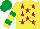 YELLOW, maroon stars, yellow & emerald green hooped sleeves & cap