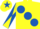 YELLOW, large royal blue spots, diabolo on sleeves, yellow cap, royal blue star