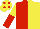 Red and Yellow (halved), sleeves reversed, Yellow cap, Red spots